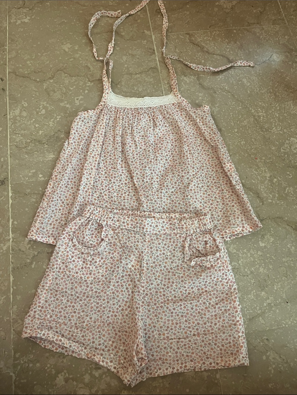 Girls' Cream and Pink Floral Tie-Shoulder Matching Set